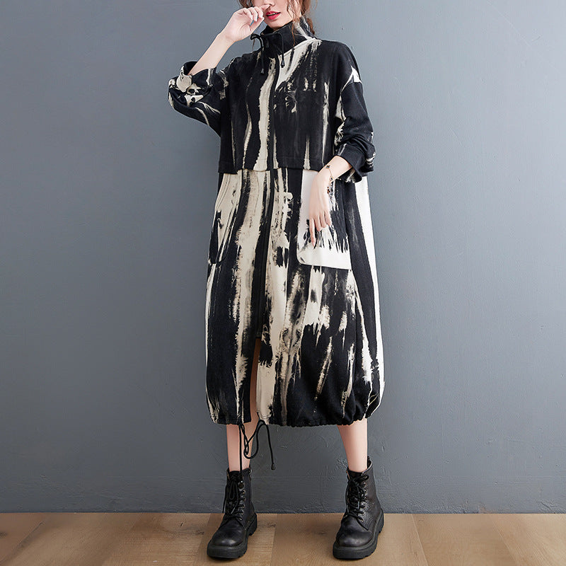Casual Printed Long Sleeve Stand Collar Coat