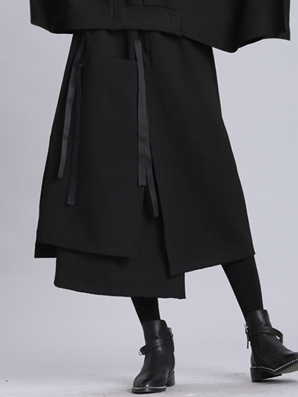 Raised Bands Split-Joint Asymmetric Black Empire Skirt