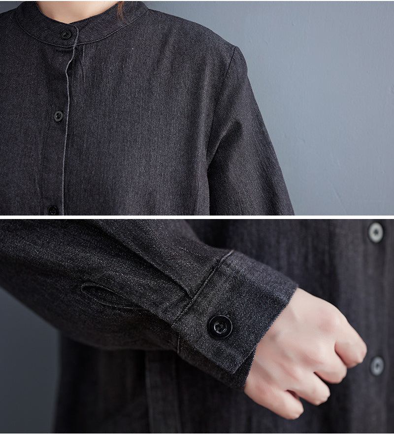 Loose Pleated Stand Collar Denim Midi Dress