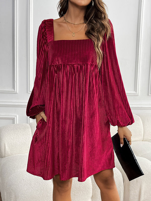 A-Line High Waisted Pockets Solid Color Split-Joint Velvet Square-Neck Mini Dresses