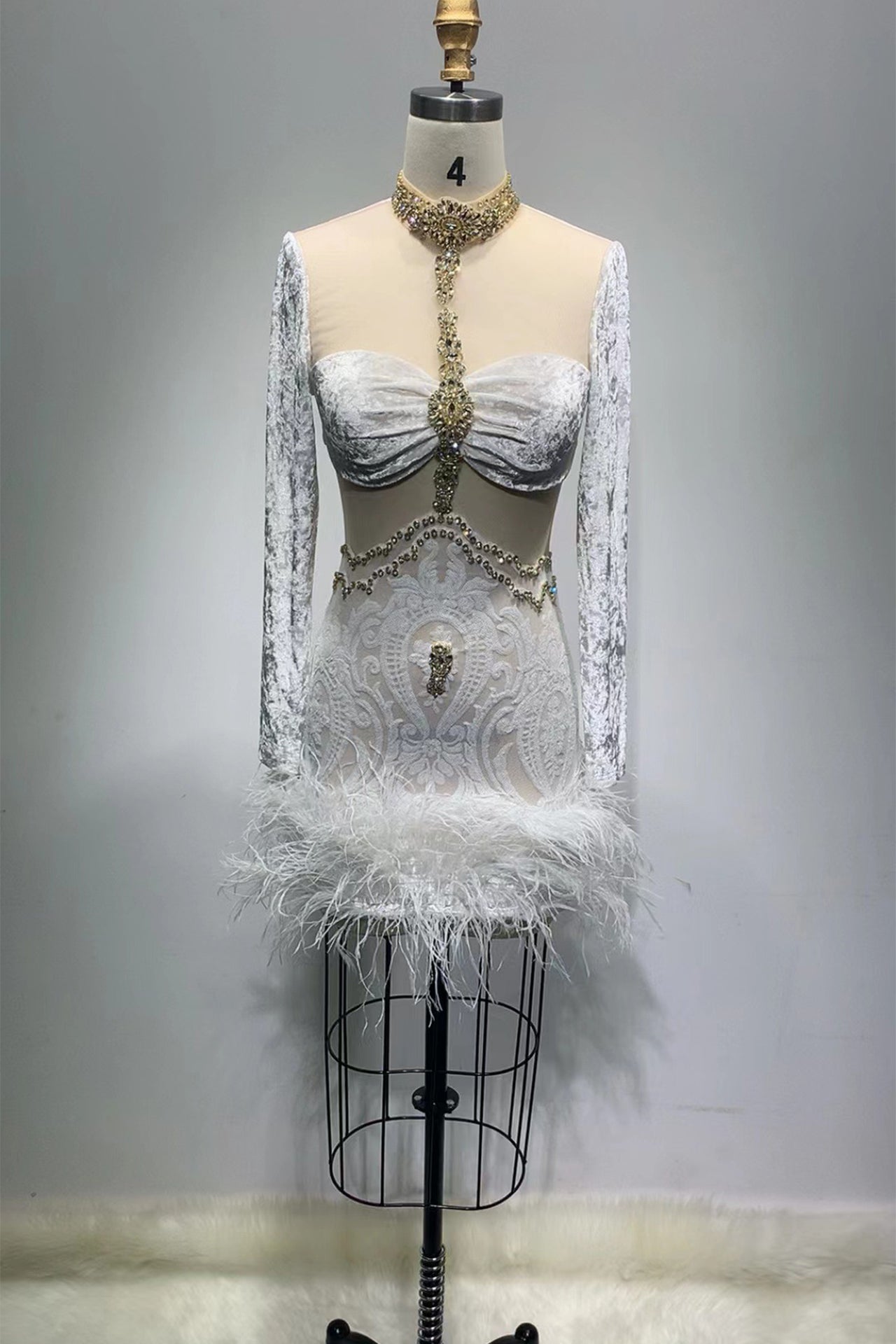 Savannah Long Sleeve Feather Mini Party Dress In White