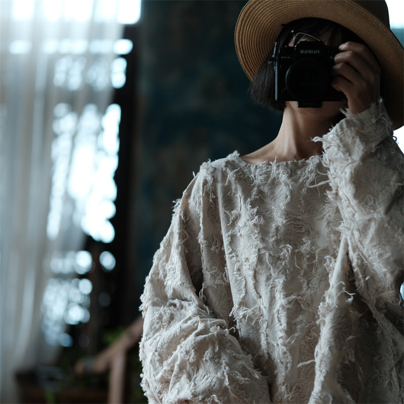 Versatile Cotton Linen Tassel Long Sleeve Blouse