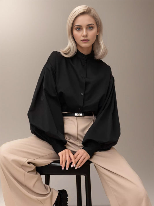 Minimalist Solid Color Lantern Sleeve Lapel Shirt