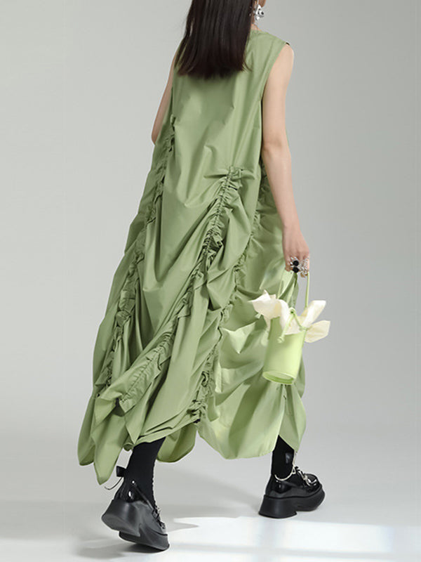 Loose Sleeveless Asymmetric Elasticity Pleated Solid Color Round-Neck Midi Dresses