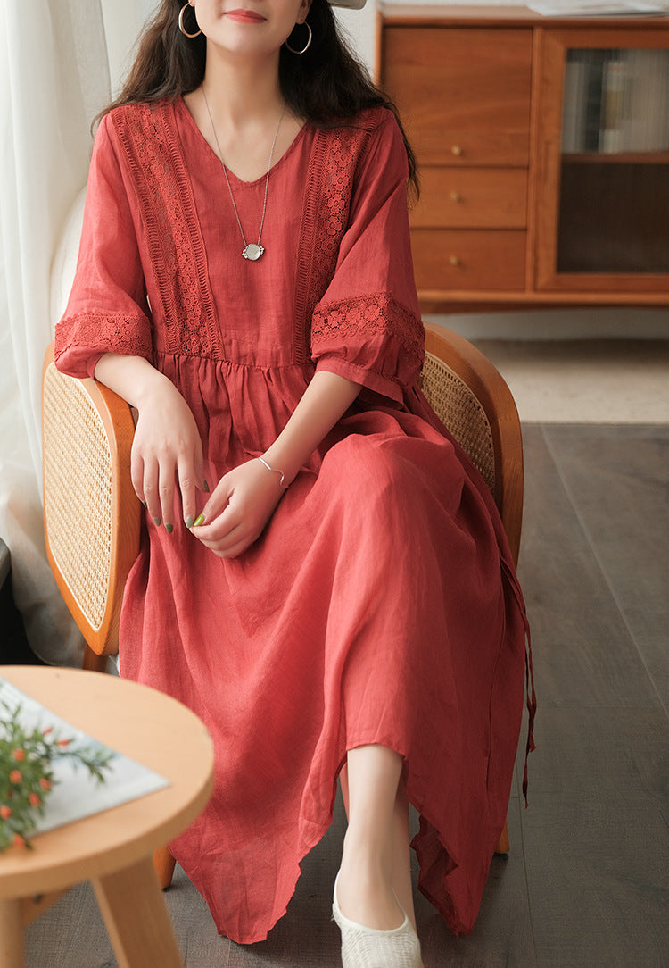 Literary Simple Seven-quarter Sleeve Lace-up Maxi Dress