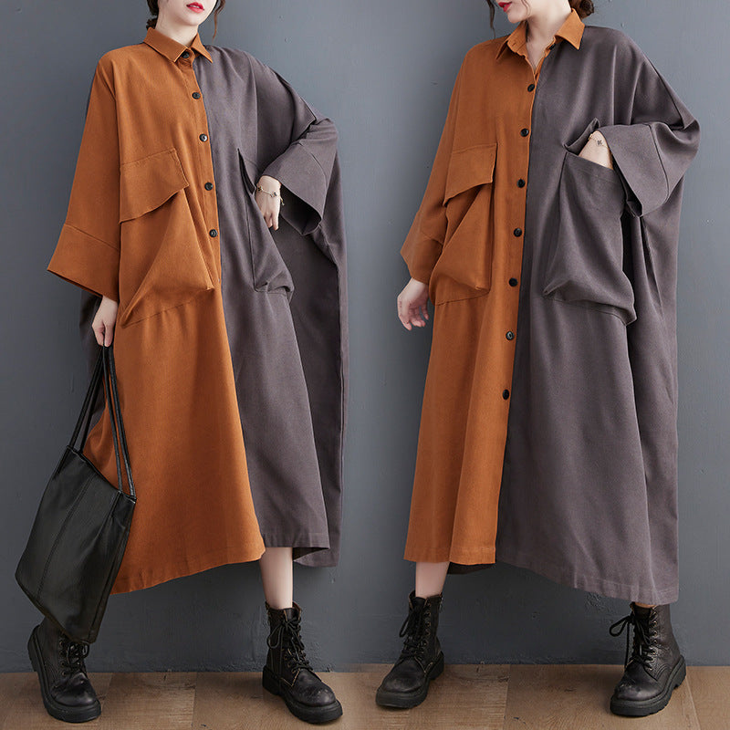 Loose Color Blocking Long Sleeve Midi Dress