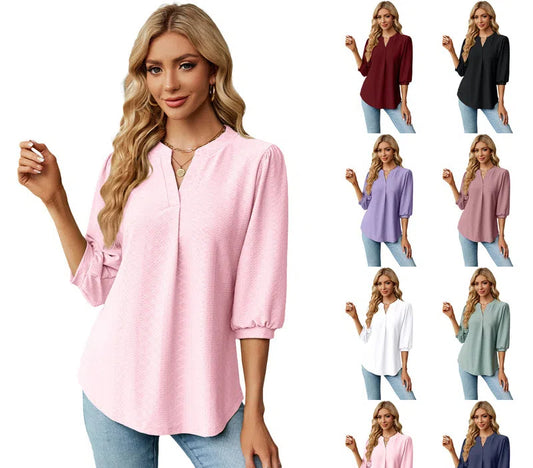 Autumn and Winter new solid color and V-neck jacquard 3/4 sleeve loose-fitting T-shirt top women