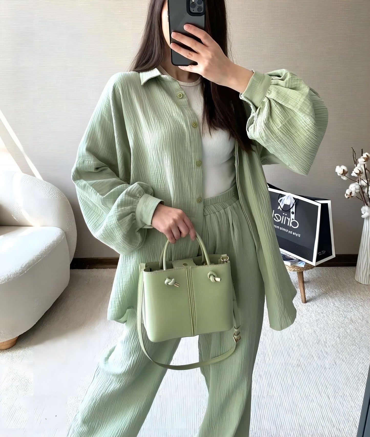 Long-sleeved Lapel Shirt Elastic Waist Trousers Two-piece Suit