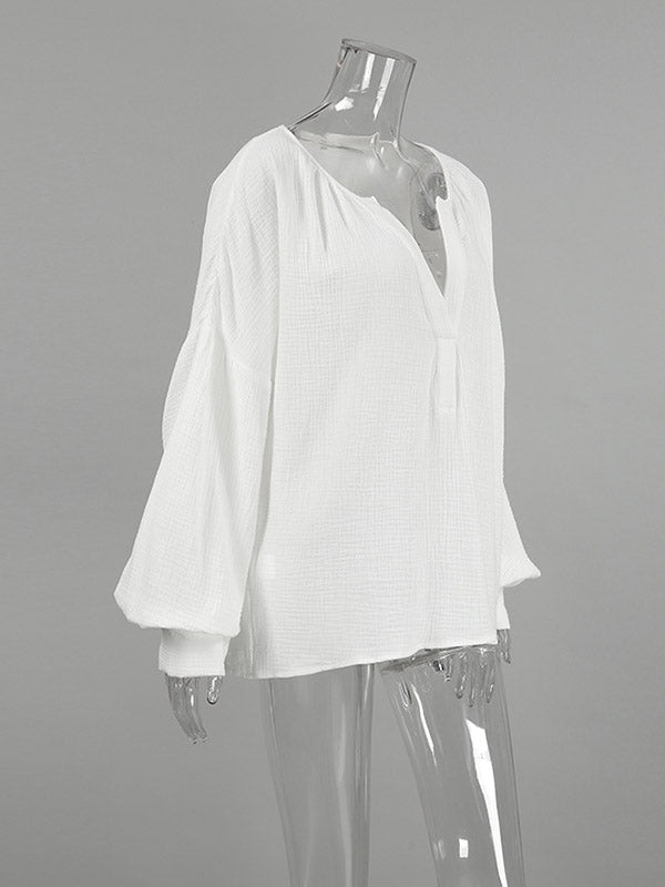 Loose Puff Sleeves Pleated Solid Color Split-Joint V-Neck Blouses&Shirts Tops