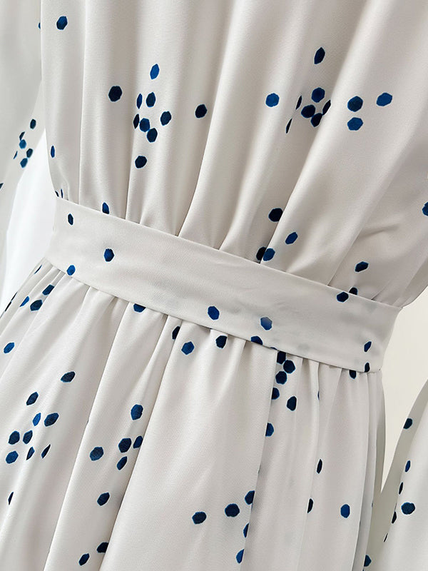 High Waisted High-Low Pleated Polka-Dot Tied Waist V-Neck Maxi Dresses