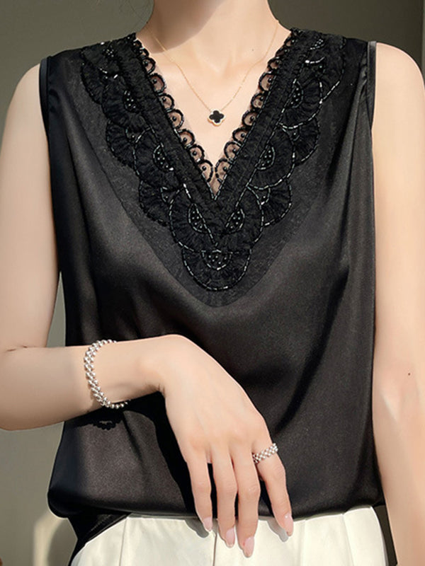 Loose Plus Size Beaded Split-Joint V-Neck Vest Top