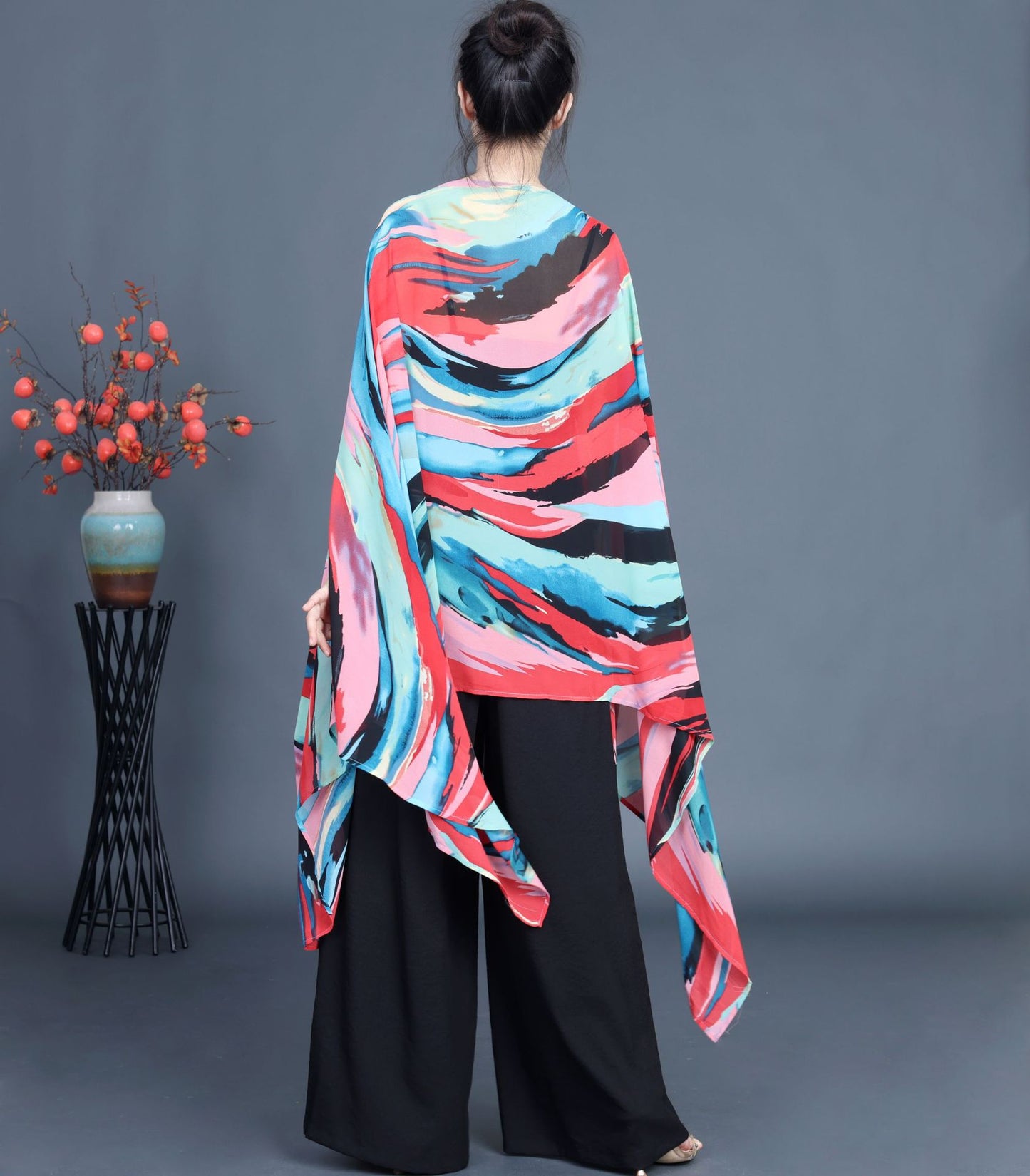 Loose Irregular Flowy Colorful Bat Sleeve Shawl Top
