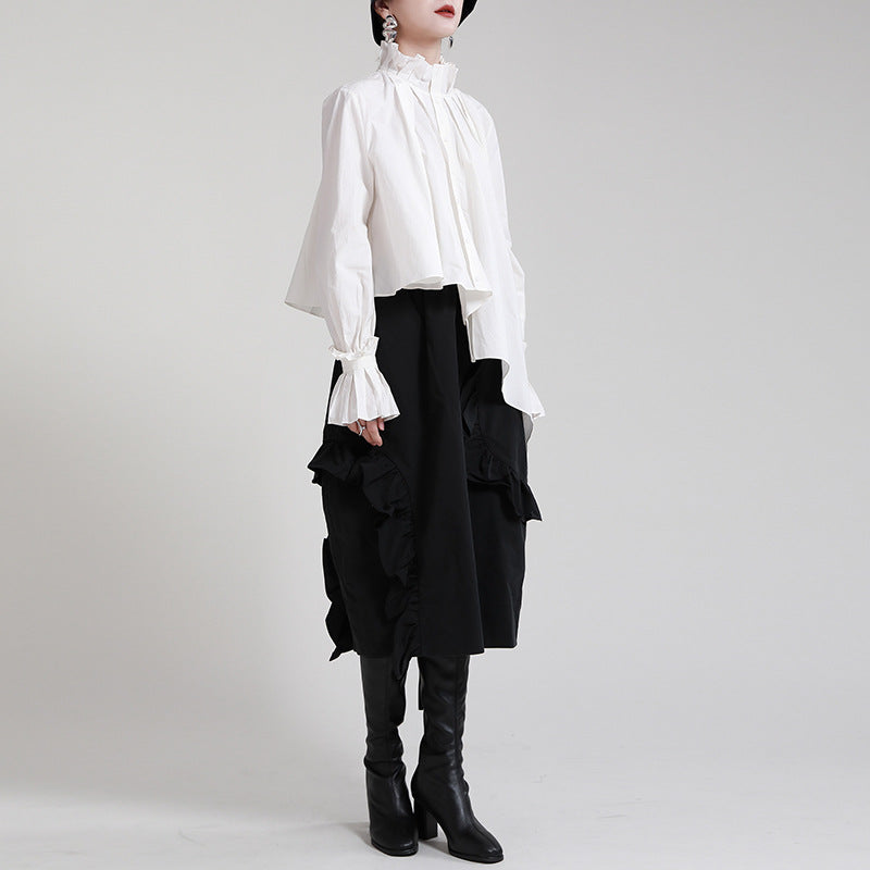 Irregular Solid Color Stand Collar Long Sleeve Shirt