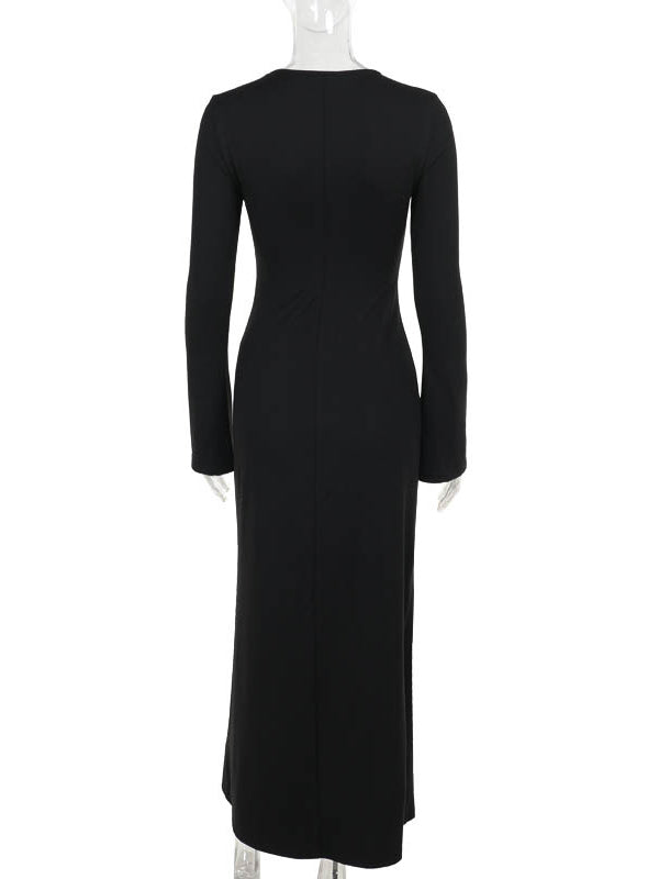 Long Sleeves Loose Asymmetric Solid Color Split-Joint Split-Side Round-Neck Maxi Dresses