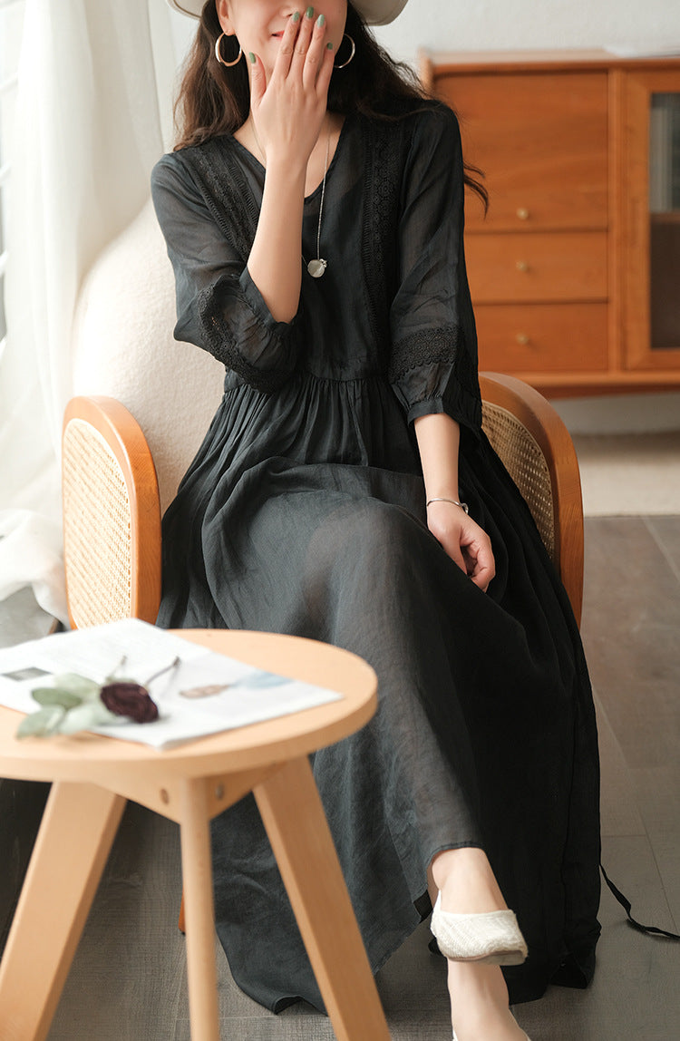 Literary Simple Seven-quarter Sleeve Lace-up Maxi Dress