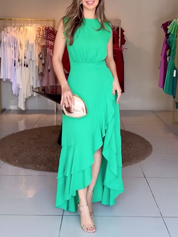 Skinny Sleeveless Solid Color Split-Front Stand Collar Maxi Dresses