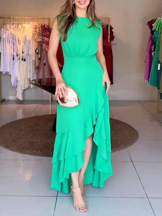 Skinny Sleeveless Solid Color Split-Front Stand Collar Maxi Dresses