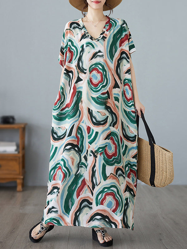 Vintage V-Neck Holiday Style Loose Printed Dress