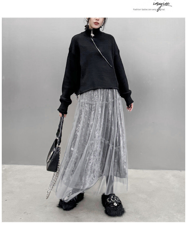 Simple Slant Zipper Turtleneck Sweater