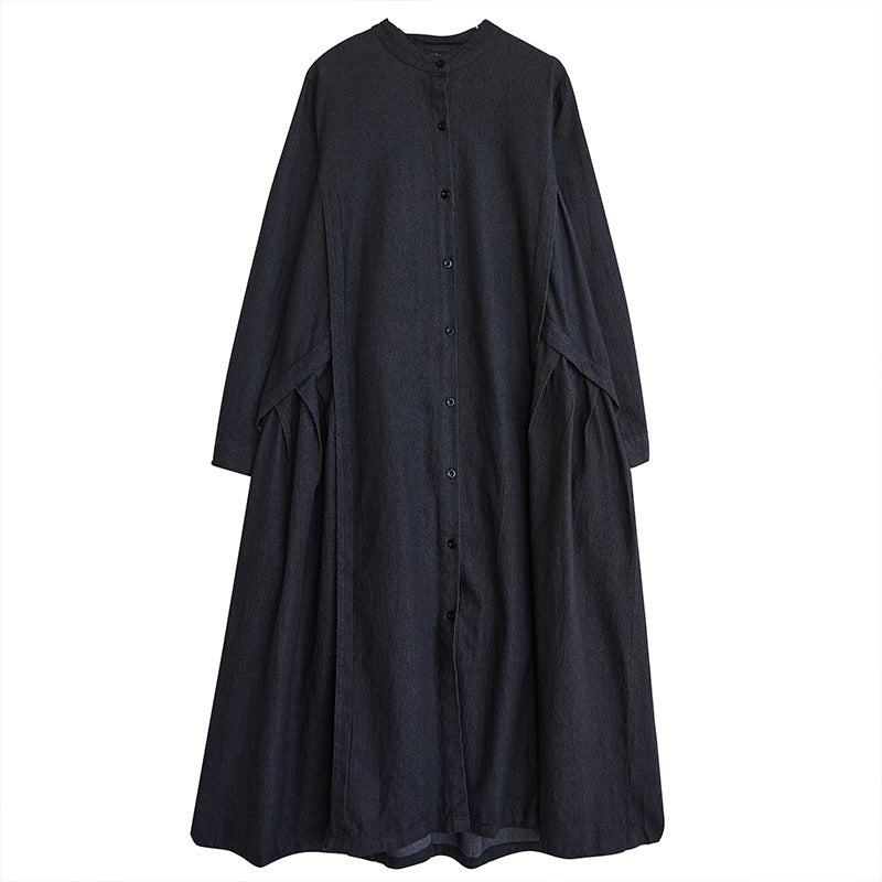 Loose Pleated Stand Collar Denim Midi Dress