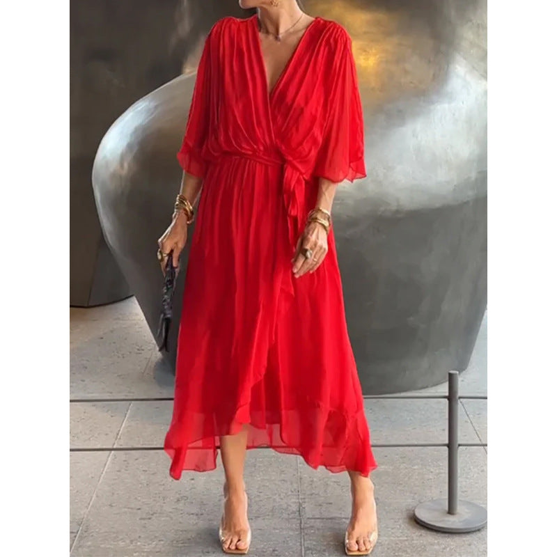 Elegant Lace-up Lwith Bat Sleeves  Irregular Dress