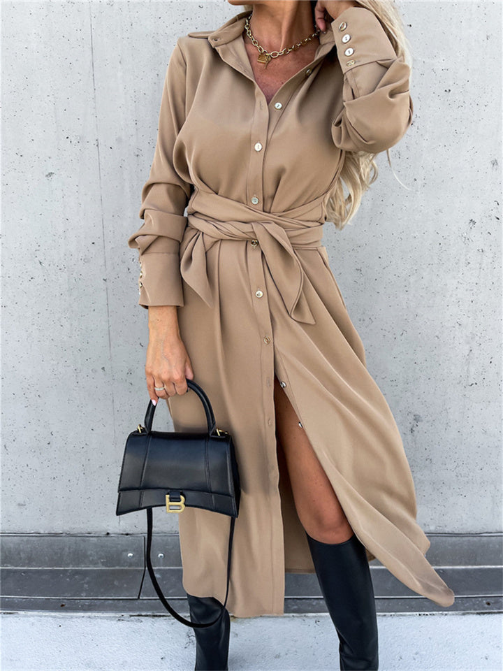 Women's New Fall and Winter Long Dress Solid Color Cardigan Long-sleeved Swing Dresses