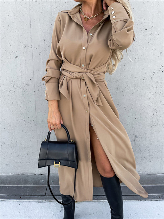 Women's New Fall and Winter Long Dress Solid Color Cardigan Long-sleeved Swing Dresses