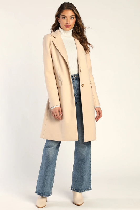 Women Cream Shearling Jacket Zip-Front Cinching Hem Jacket