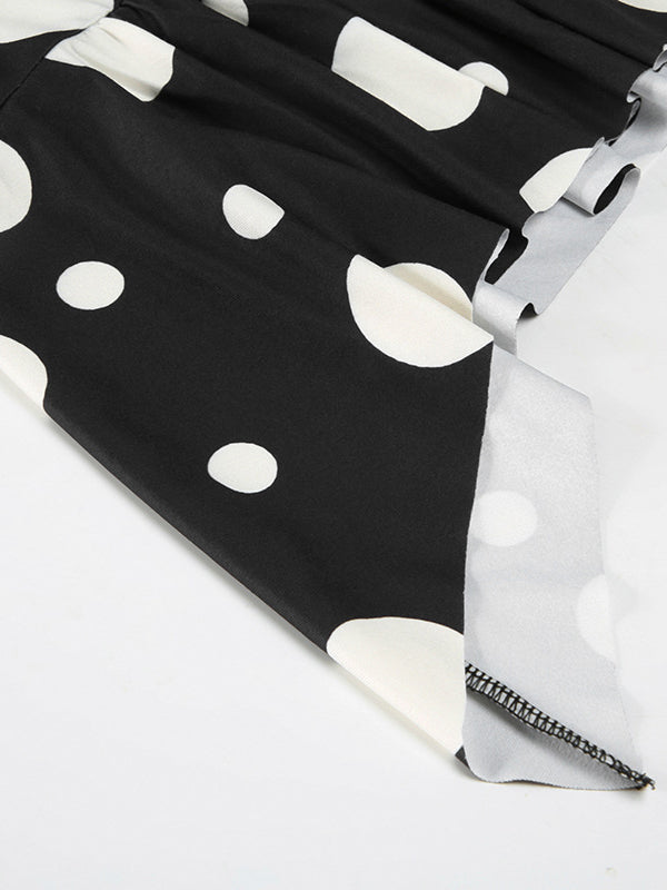 Sleeveless Contrast Color Pleated Polka-Dot Spaghetti-Neck Mini Dresses