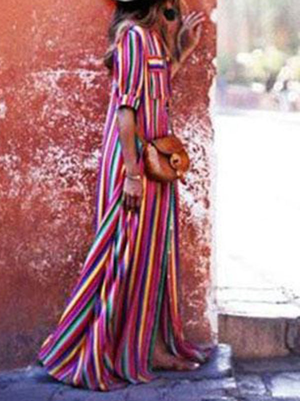Long Sleeves Loose Split-Joint Striped Lapel Maxi Dresses Shirt Dress