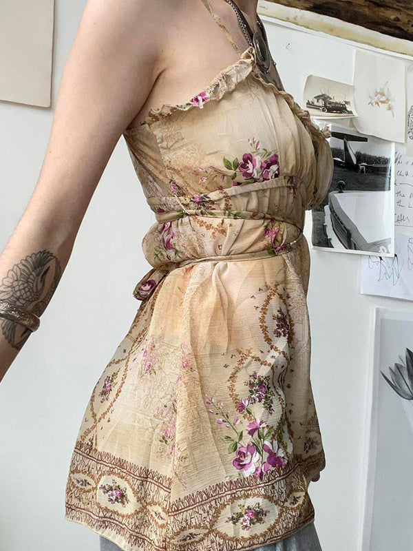Loose Sleeveless Buttoned Contrast Color Flower Print Tied Spaghetti-Neck Vest Top