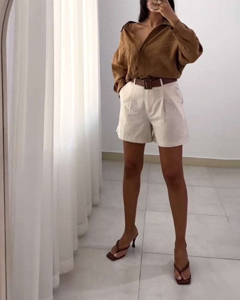 Casual Lapel Shirt & Shorts Two-piece Set (Without Belt)