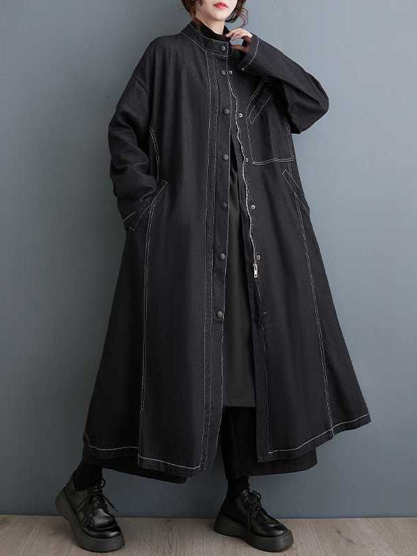 Long Sleeves Loose Buttoned Pockets Split-Joint Stand Collar Outerwear Trench Coats