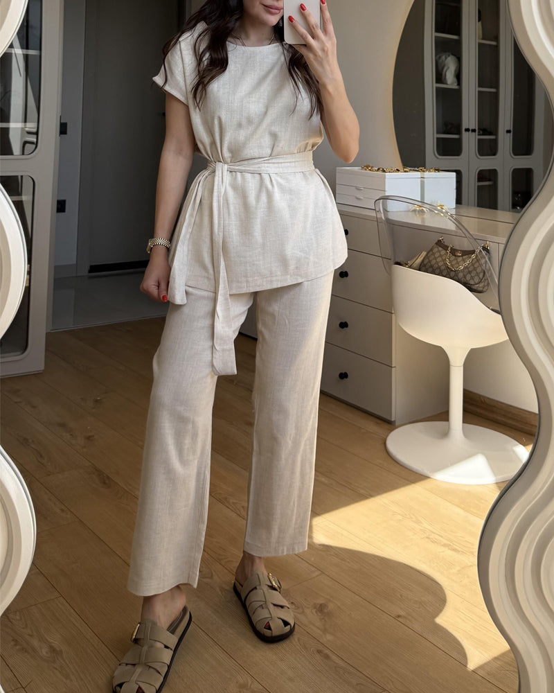 Solid Color Design One-Sleeve Top & Pants Two-Piece Set