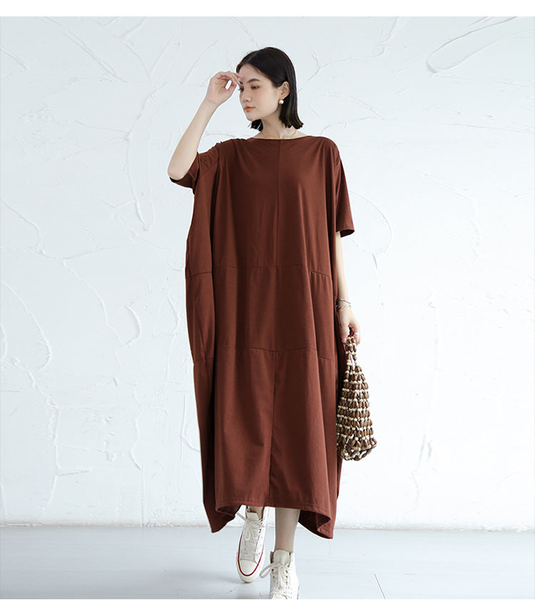 Loose Solid Round Neck Bat Sleeve Maxi Dress With Pocket