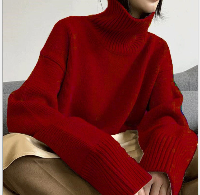 Loose Solid Color Turtleneck Wool Knit Sweater