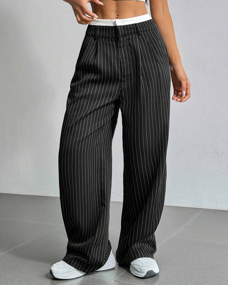 High-Waist Patchwork Striped Pants