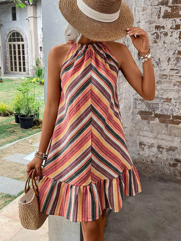 A-Line Loose Contrast Color Pleated Split-Joint Striped Halter-Neck Mini Dresses