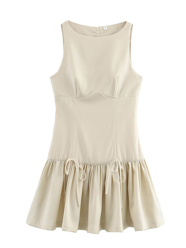 A-Line Loose Pleated Solid Color Split-Joint Zipper Round-Neck Mini Dresses