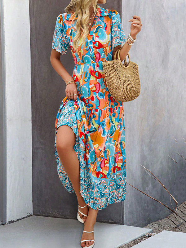 A-Line Half Sleeves Buttoned Contrast Color Printed Lapel Maxi Dresses