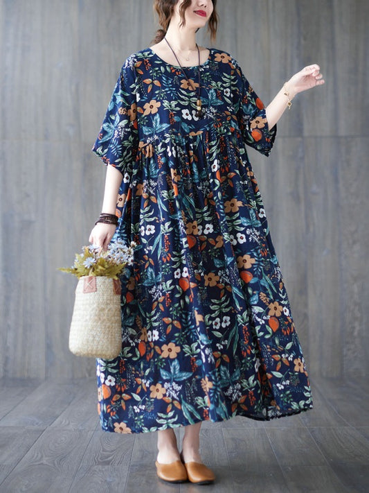 Literary Floral Print Short Sleeve Midi Dress