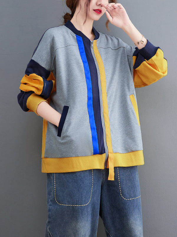 Casual Color Blocking Round Neck Long Sleeve Baseball Jacket
