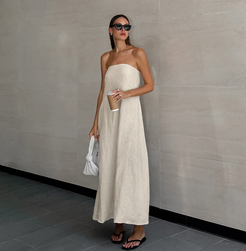Vacation Cotton-Linen Solid Sheath Backless Maxi Dress