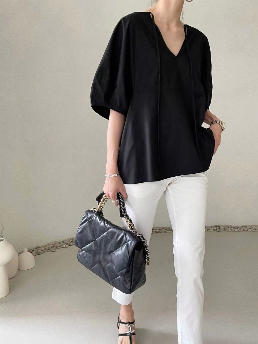 Elegant Round Neck Solid Color Loose Lantern Sleeve Shirt