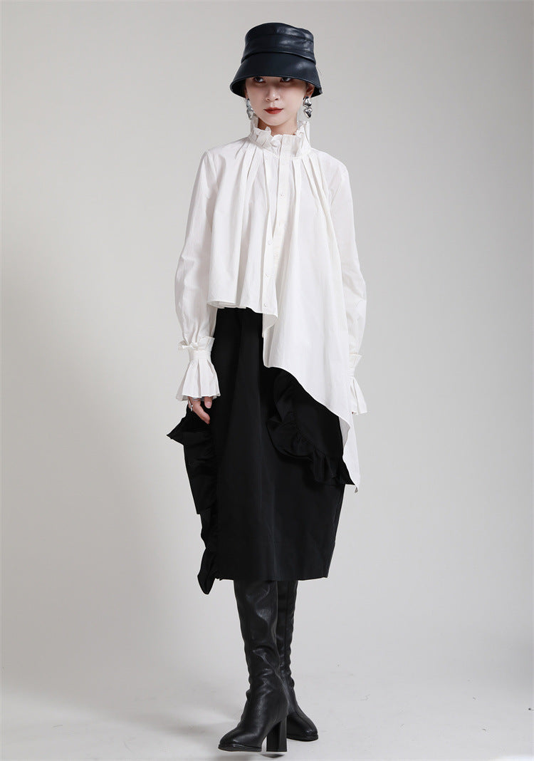 Irregular Solid Color Stand Collar Long Sleeve Shirt