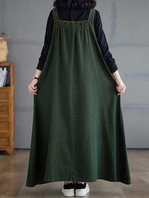 A-Line Loose Pleated Pockets Solid Color Split-Joint Spaghetti-Neck Suspender Dress