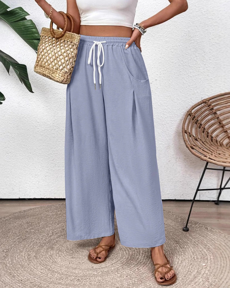 Drawstring Pocket Wide Leg Casual Pants
