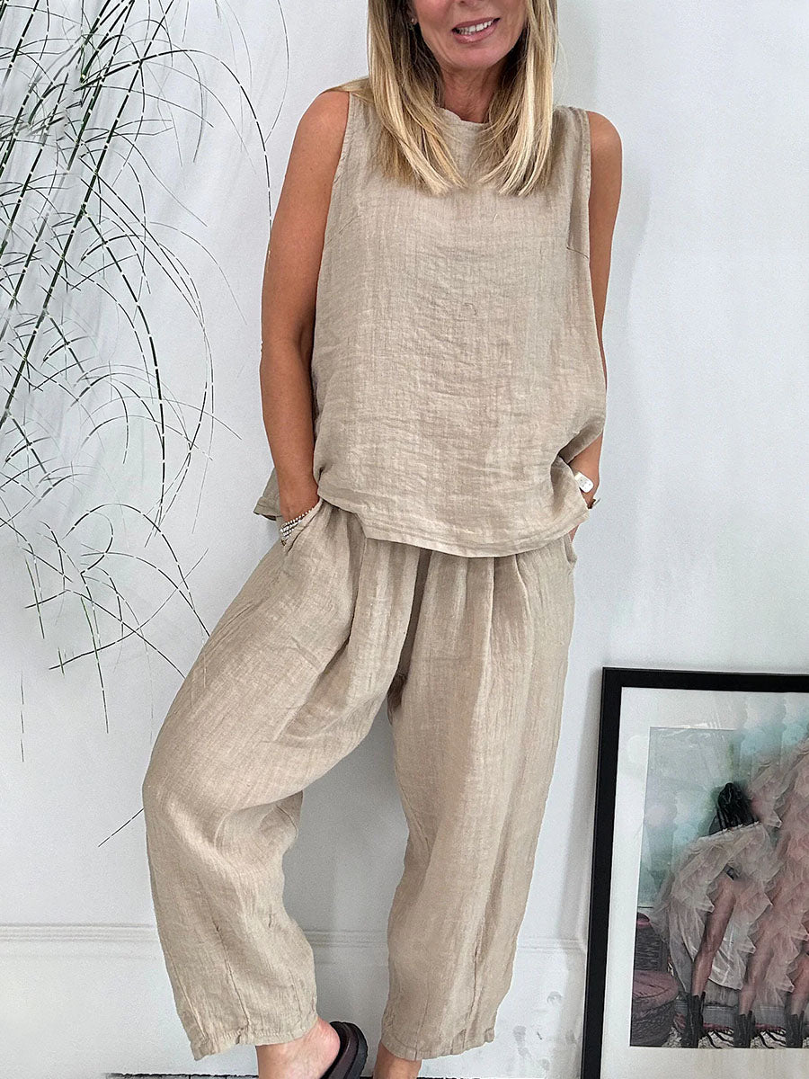 Cotton and linen sleeveless casual two-piece set