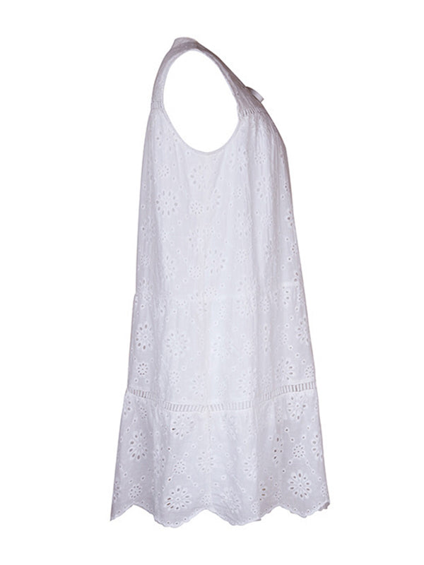 Loose Sleeveless Hollow Lace-Up Solid Color Round-neck Mini Dresses