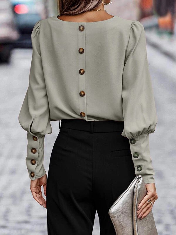 Long Sleeves Loose Buttoned Pleated Solid Color Round-Neck Blouses&Shirts Tops